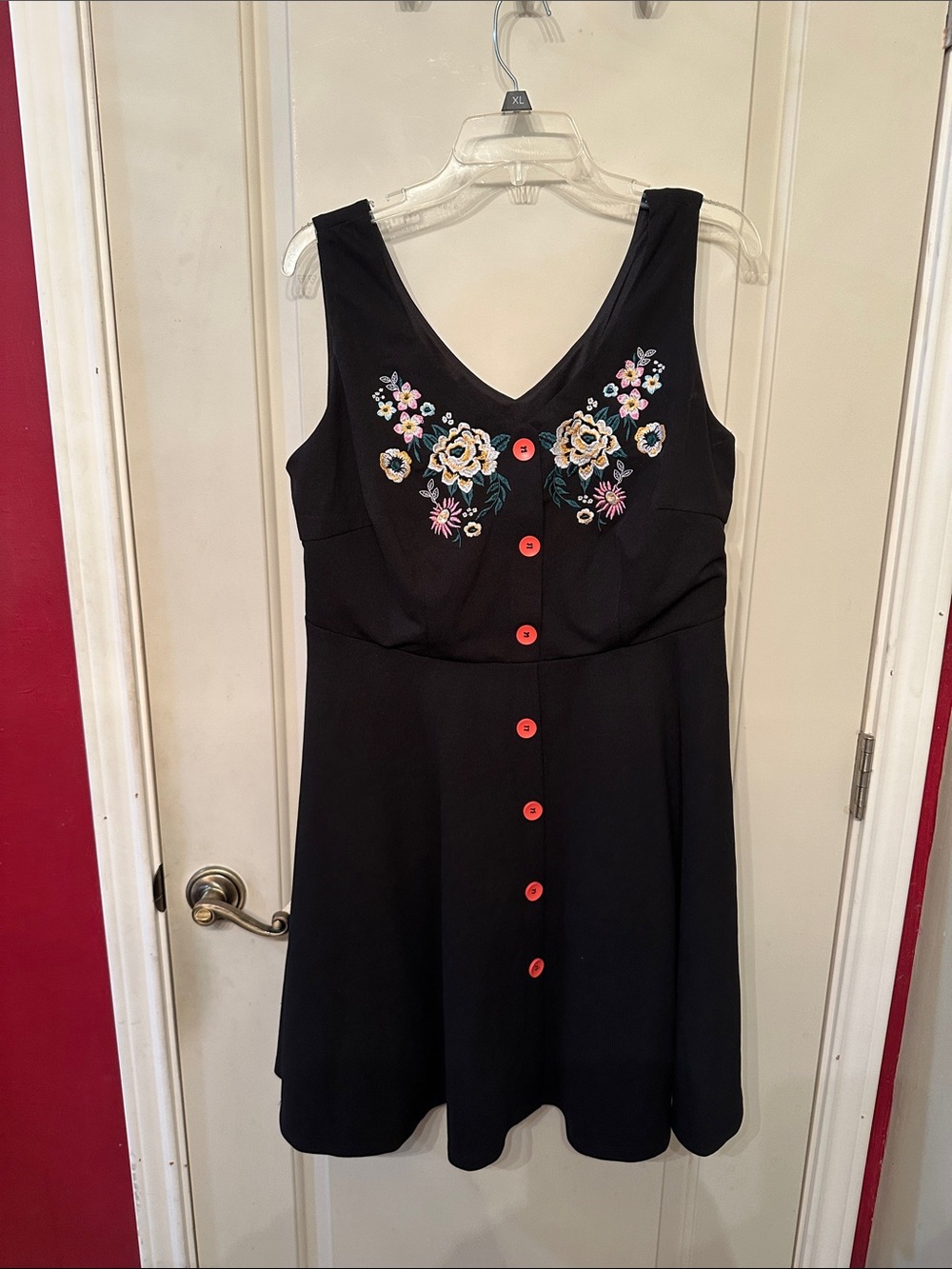 SHEIN Curve Black Dress with Floral Embroidery with Colorful buttons